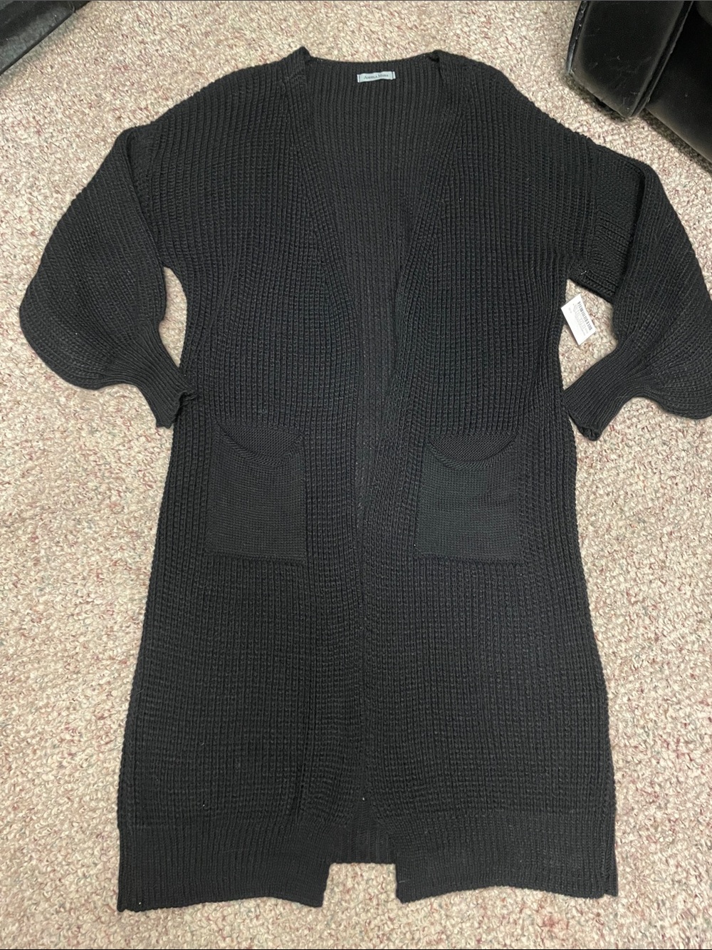 Angela Mara Black Open-Front Women’s Long Knit Cardigan with open pockets